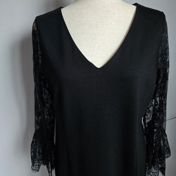 Talbots, New, Black Lace Flounce Sleeve Ponte Knit A-Line Shift Dress, Size 6 - Picture 5 of 12